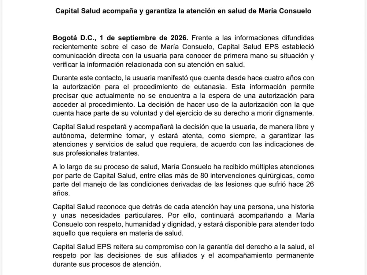 Capital Salud se pronuncia tras la solicitud de eutanasia de la mujer víctima de ataque con ácido