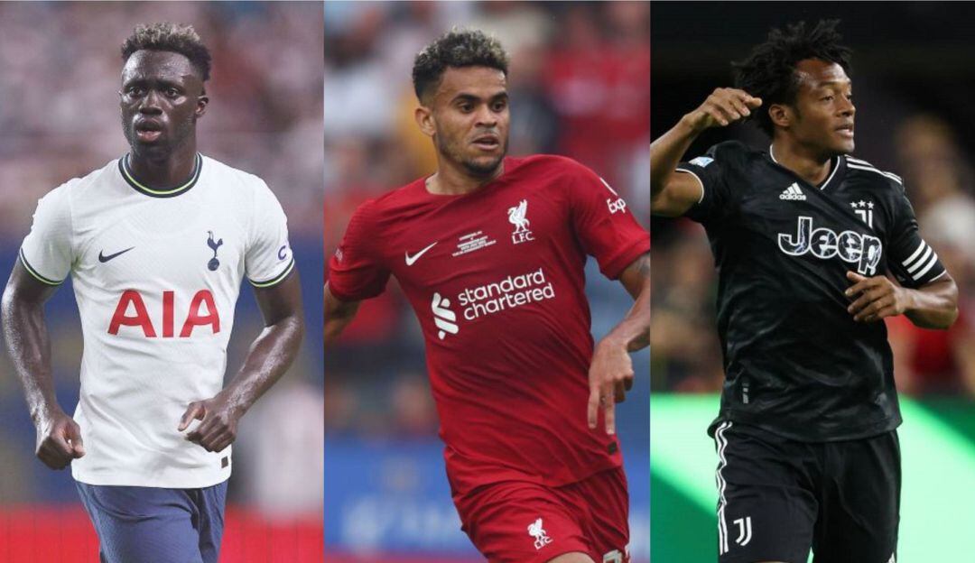 Davinson Sánchez (Tottenham) Luis Díaz (Liverpool) y Juan Cuadrado (Juventus)