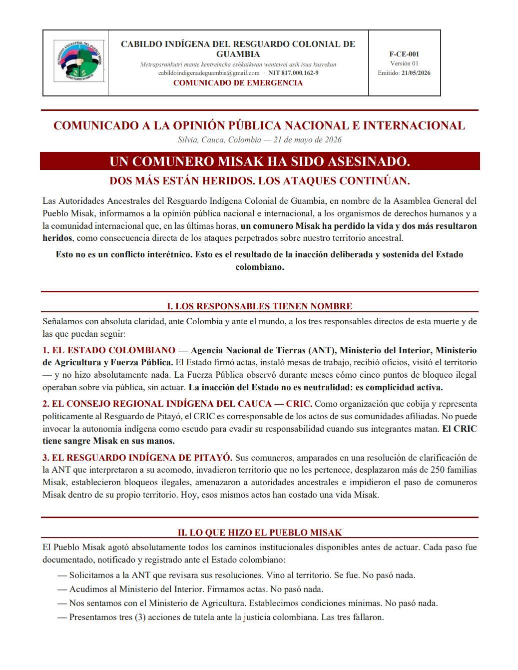Comunicado Resguardo Indígena Colonial de Guambía I