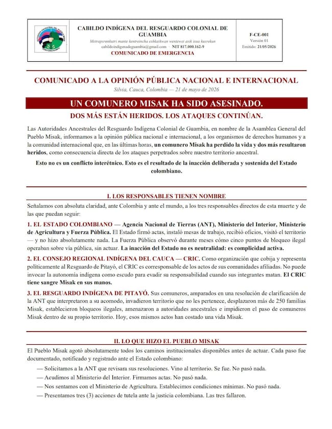 Comunicado Resguardo Indígena Colonial de Guambía I