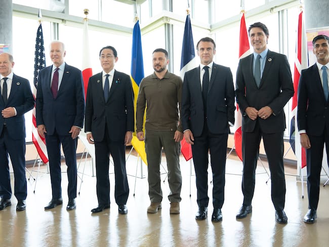 Foto del G7 junto al presidente de Ucrania, Volodimir Zelenski, en Japón.
(Foto: Stefan Rousseau-WPA Pool/Getty Images)