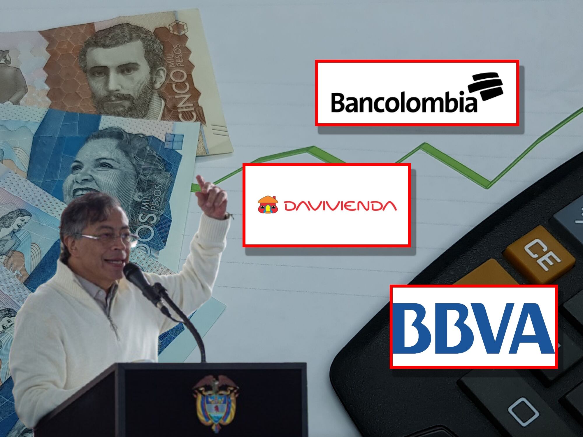 Dinero colombiano. Gustavo Petro. Logos de bancos. Fotos: Getty Images y suministradas.