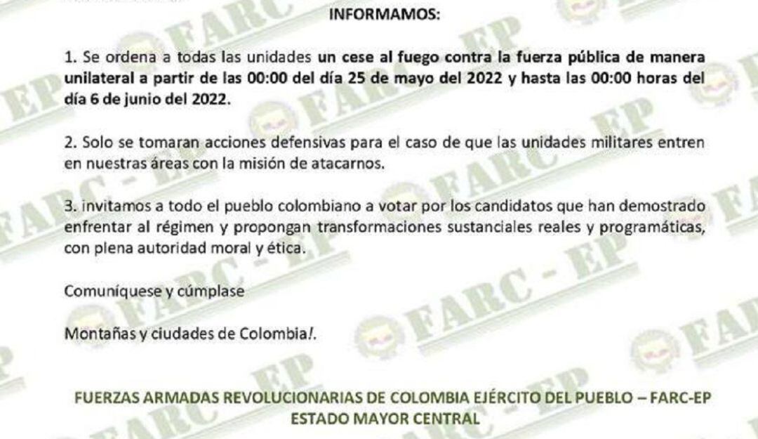 Disidencias de Farc anuncian cese al fuego por elecciones