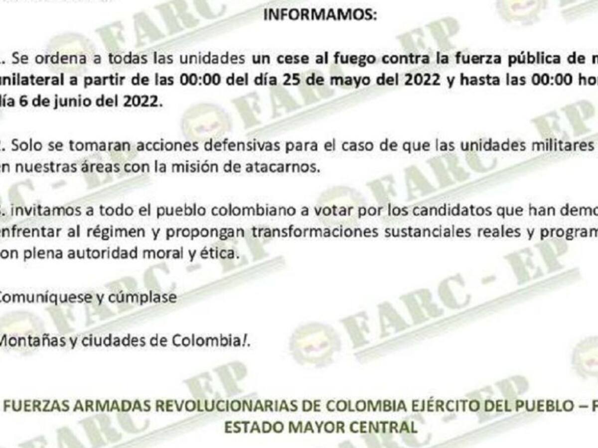 Disidencias de las Farc anuncian cese al fuego por las elecciones 2022