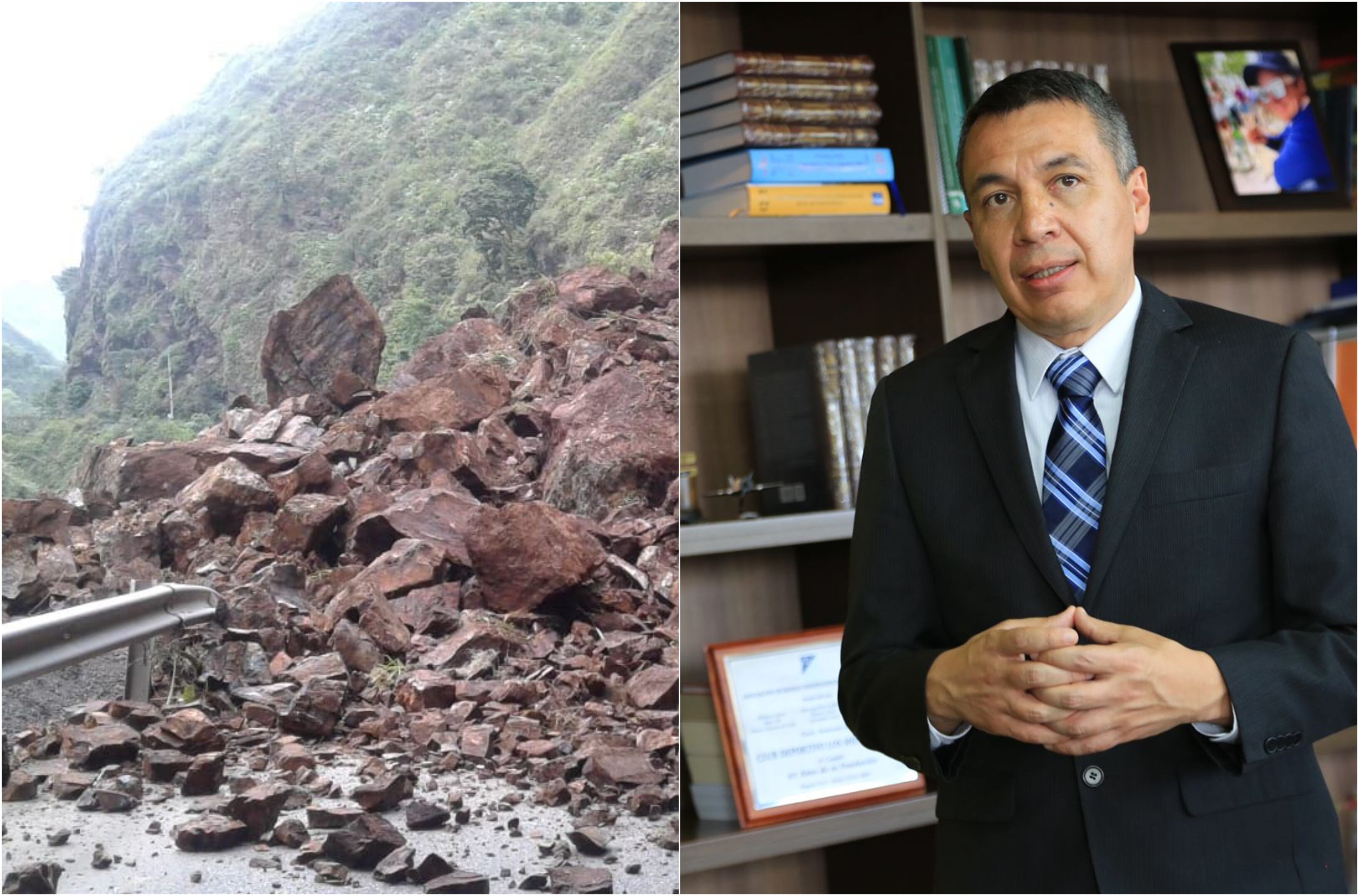 A la izquierda, derrumbe en la vía Quibdó-Medellín y a la derecha el ministro de Transporte, William Camargo. / Vía: Colprensa