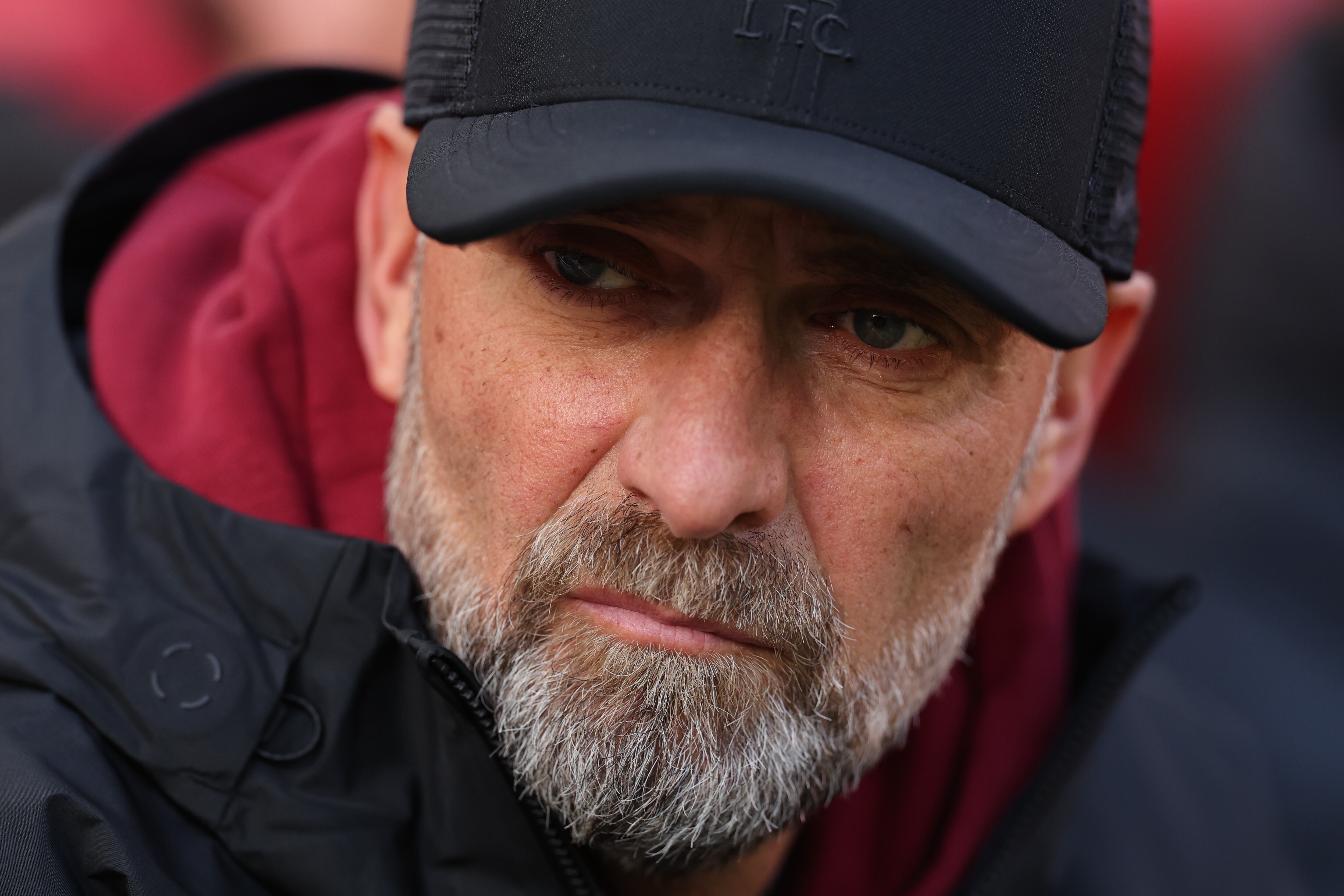 LIVERPOOL, ENGLAND - OCTOBER 29: Juergen Klopp, Manager of Liverpool, looks on prior to the Premier League match between Liverpool FC and Nottingham Forest at Anfield on October 29, 2023 in Liverpool, England. (Photo by Jan Kruger/Getty Images)