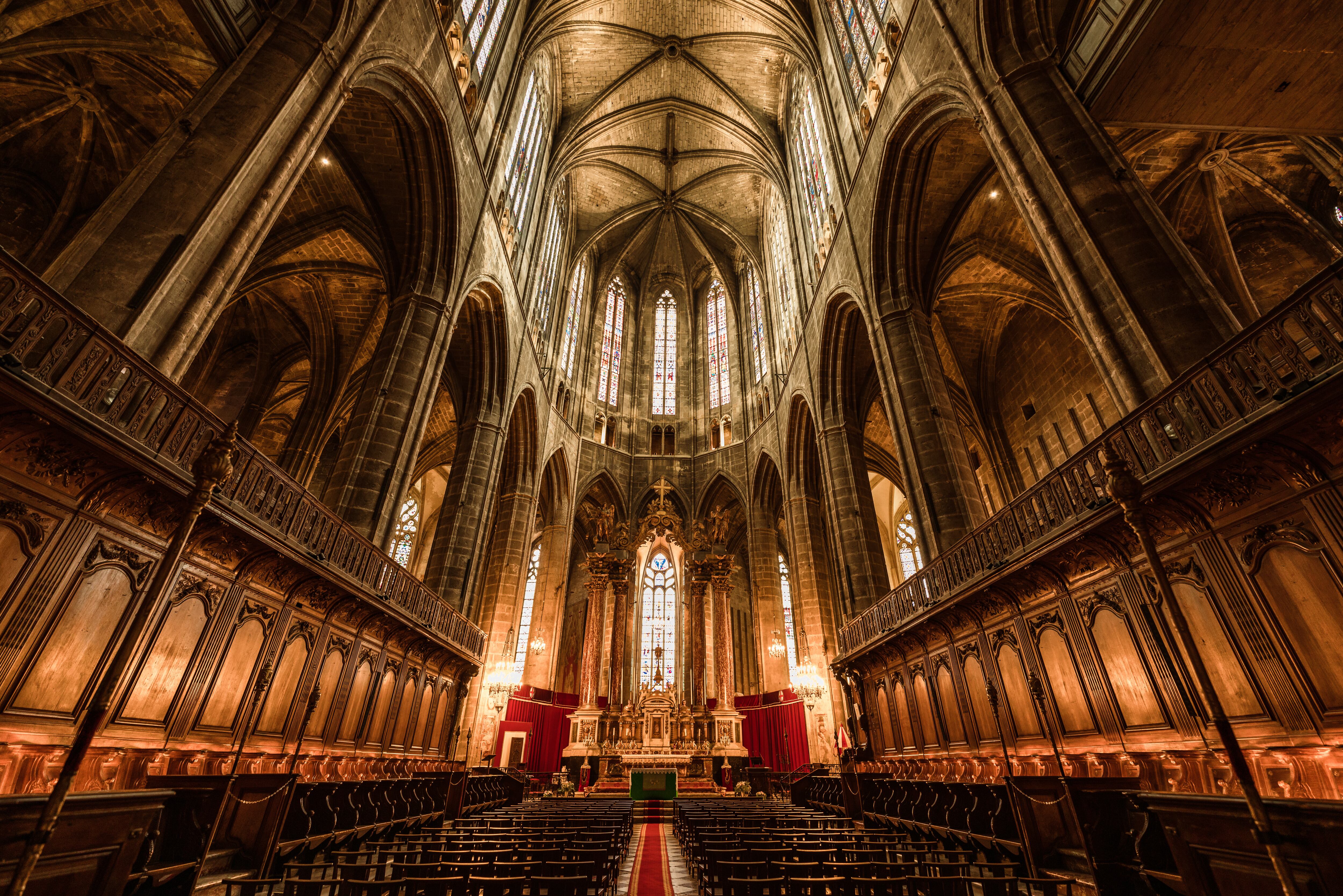 Narbonne, France, August 4, 2021. Interior view of the central nave in Narbonne Cathedral.