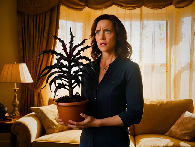 Mujer sosteniendo una planta que genera malas energías // Diseñado con IA