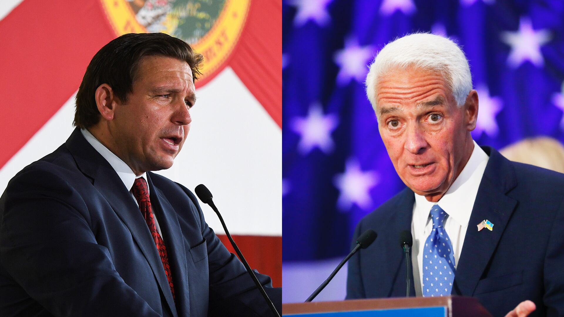 Gobernador de Florida, Ron DeSantis y su opositor, el demócrata Charlie Crist. Foto: Getty