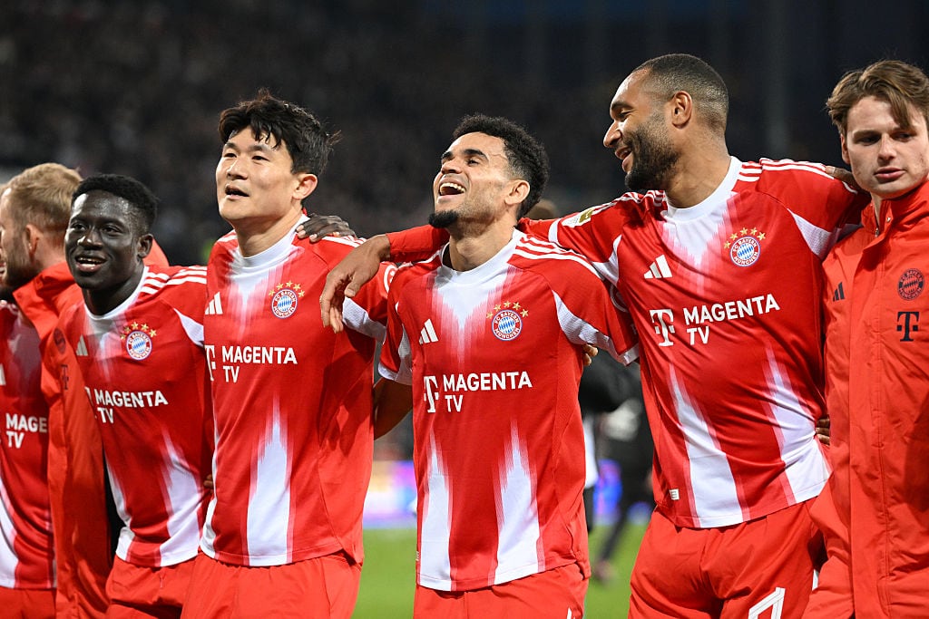HAMBURG, GERMANY - APRIL 11: Kim Min-Jae, Luis Diaz and Jonathan Tah of FC Bayern Munich celebrates victory following the Bundesliga match between FC St. Pauli and FC Bayern München at Millerntor Stadium on April 11, 2026 in Hamburg, Germany. (Photo by Stuart Franklin/Getty Images)