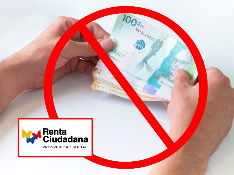 Persona con dinero colombiano, símbolo de NO, y logo de Renta Ciudadana. (Foto: Getty Images)