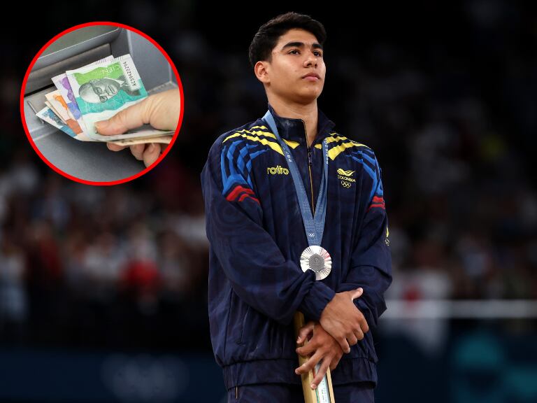 Ángel Barajas, medallista olímpico en París 2024; y billetes en cajero. (Foto: Getty Images)