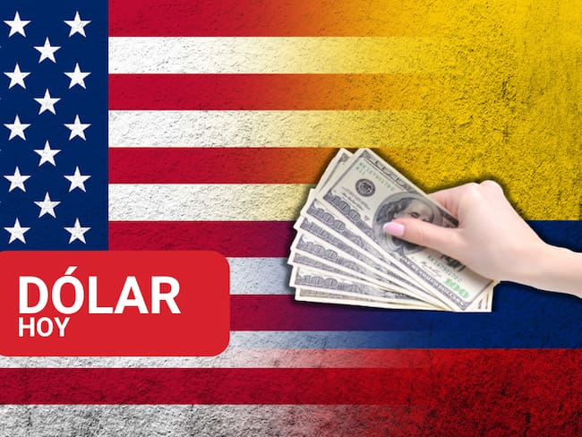 Persona sonteniendo billetes de dólares estadounidenses y de fondo una ilustración de la bandera de Estados Unidos y la de Colombia unidas (Fotos vía Getty Images)