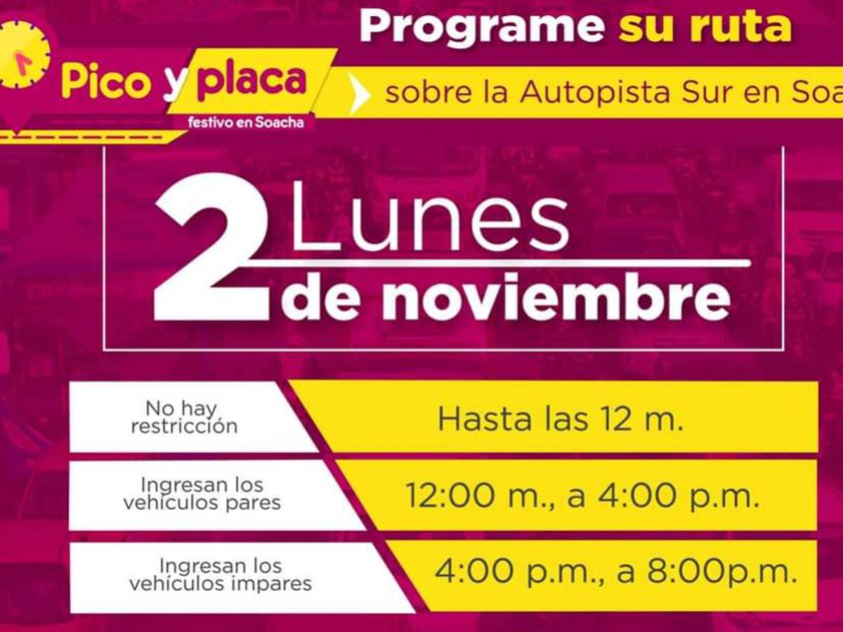 Tenga en cuenta el "Pico y placa" en Soacha por el puente festivo