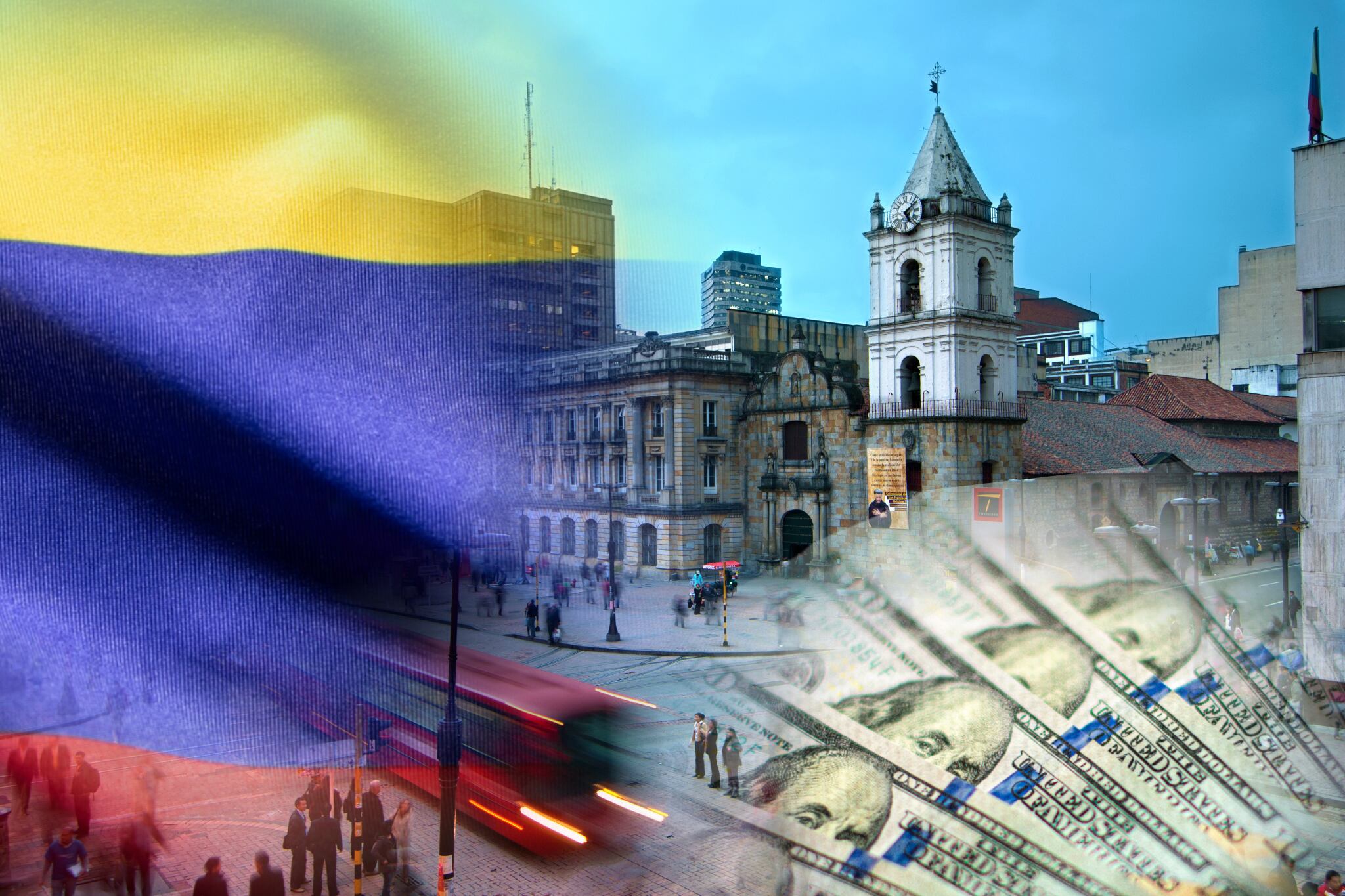 Imagen de los los dólares tomada de Getty Imagenes (Crédito: Javier Ghersi) // imagen de la bandera de Colombia tomada de Getty Imagenes (Crédito: Manuel Augusto Moreno) // imagen de la ciudad colombiana tomada de Getty Imagenes (Crédito: John Coletti)