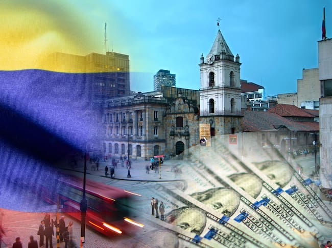 Imagen de los los dólares tomada de Getty Imagenes (Crédito: Javier Ghersi) // imagen de la bandera de Colombia tomada de Getty Imagenes (Crédito: Manuel Augusto Moreno) // imagen de la ciudad colombiana tomada de Getty Imagenes (Crédito: John Coletti)
