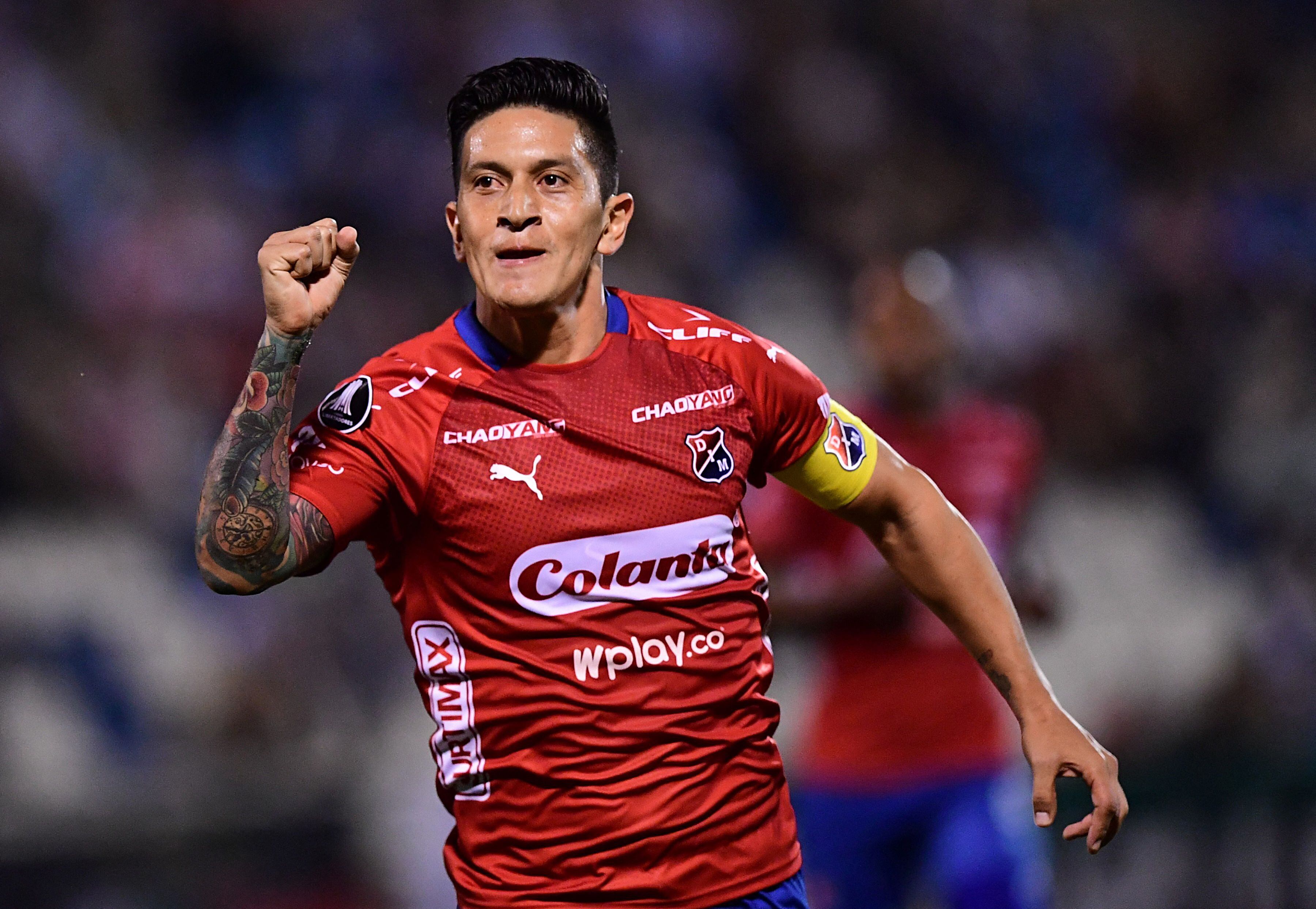 Colombia´s Independiente de Medellin footballer German Cano celebrates his goal   during their Copa Libertadores football match against Chile's Palestino at the San Carlos de Apoquindo stadium in Santiago, Chile on February 6, 2019. (Photo by MARTIN BERNETTI / AFP) (Photo by MARTIN BERNETTI/AFP via Getty Images)