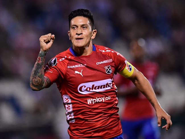 Colombia´s Independiente de Medellin footballer German Cano celebrates his goal during their Copa Libertadores football match against Chile's Palestino at the San Carlos de Apoquindo stadium in Santiago, Chile on February 6, 2019. (Photo by MARTIN BERNETTI / AFP) (Photo by MARTIN BERNETTI/AFP via Getty Images)