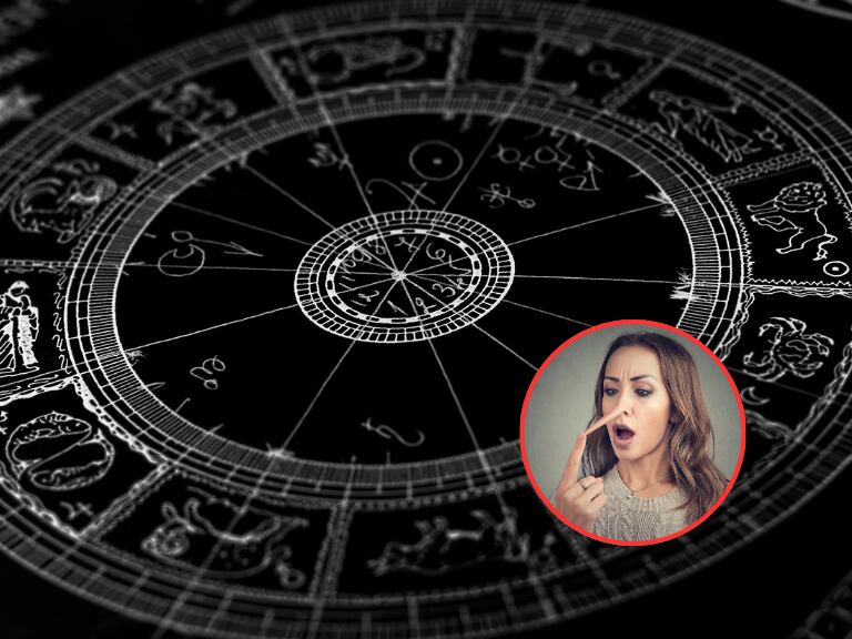 Mujer con una nariz mpas larga y de fondo una ilustración alusiva al horóscopo (Fotos vía Getty Images)