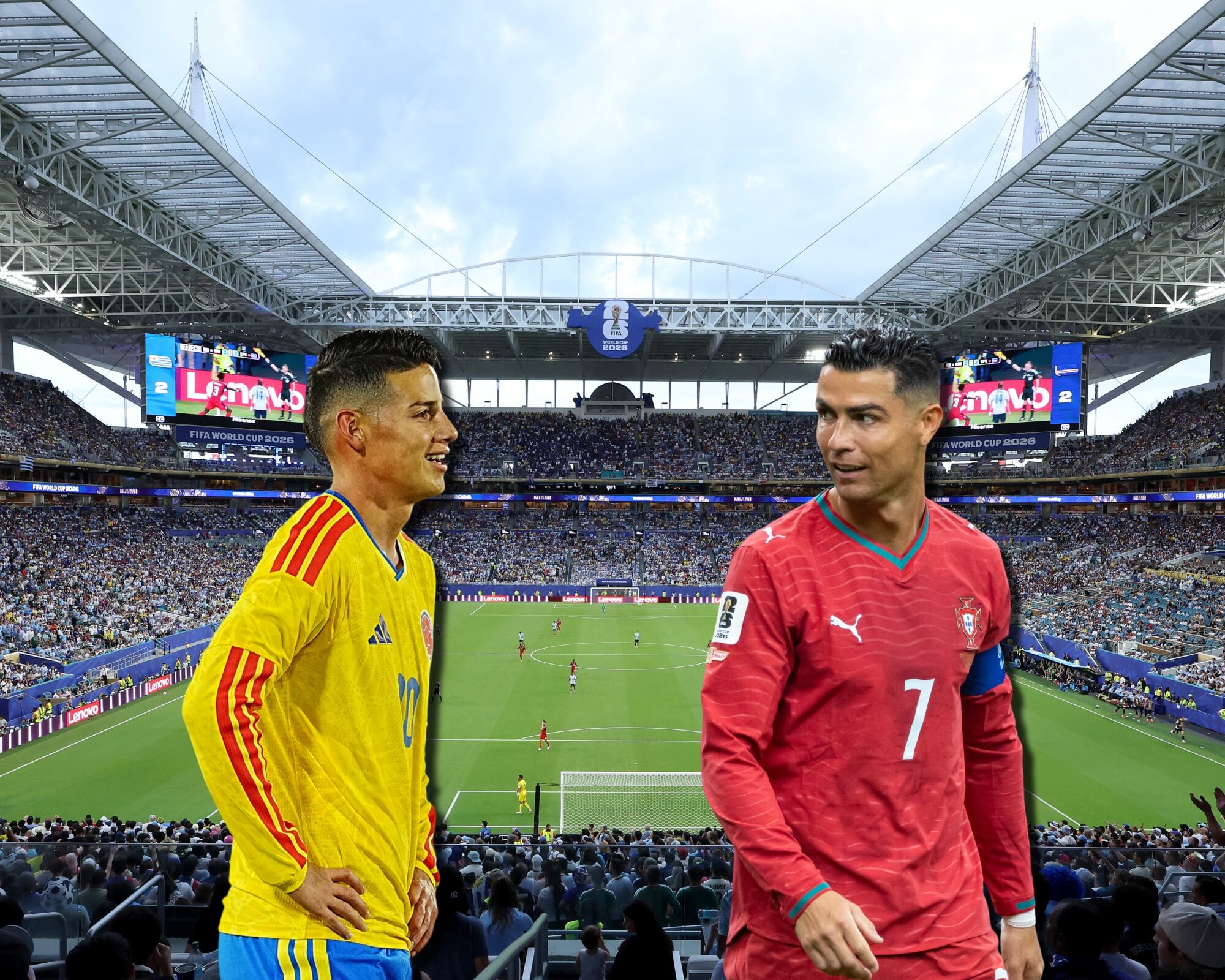 James Rodríguez y Cristiano Ronaldo. De fondo, el Hard Rock Stadium. Foto: Getty Images.