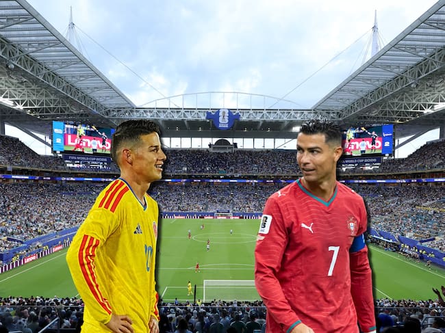 James Rodríguez y Cristiano Ronaldo. De fondo, el Hard Rock Stadium. Foto: Getty Images.