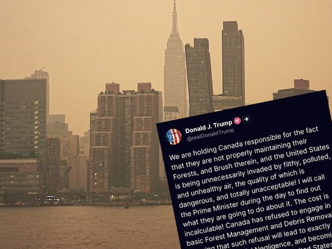 El mandatario estadounidense aseguró que llamará al primer ministro canadiense para saber qué hará al respecto de los incendios que llevan aire contaminado a su país.
(Foto: Caracol Radio / Getty / Cortesía Truth Social - Donald Trump )