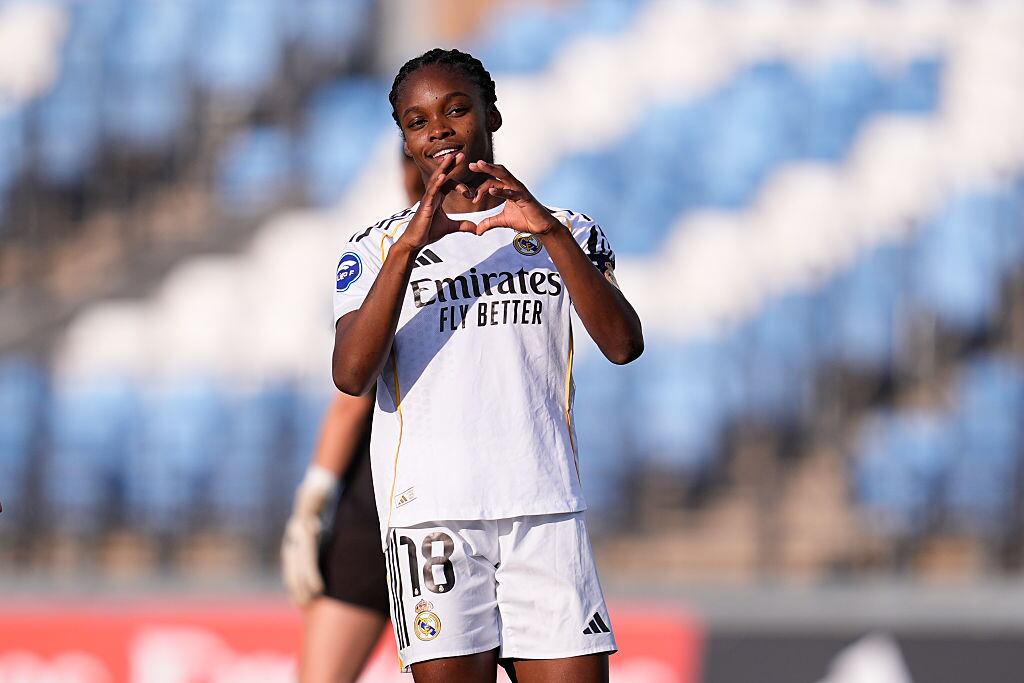 VALDEBEBAS, SPAIN - APRIL 26: Linda Caicedo of Real Madrid celebrates a goal during the Spanish Women League, Liga F, football match played between Real Madrid and DUX Logrono at Alfredo Di Stefano stadium on April 26, 2026, in Valdebebas, Madrid, Spain. (Photo By Dennis Agyeman/Europa Press via Getty Images)