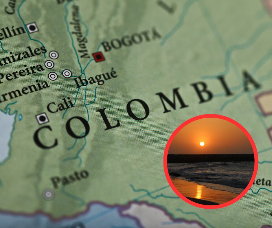 Close-up mapa de Colombia y panorámica de una playa en el Caribe (Getty Images)