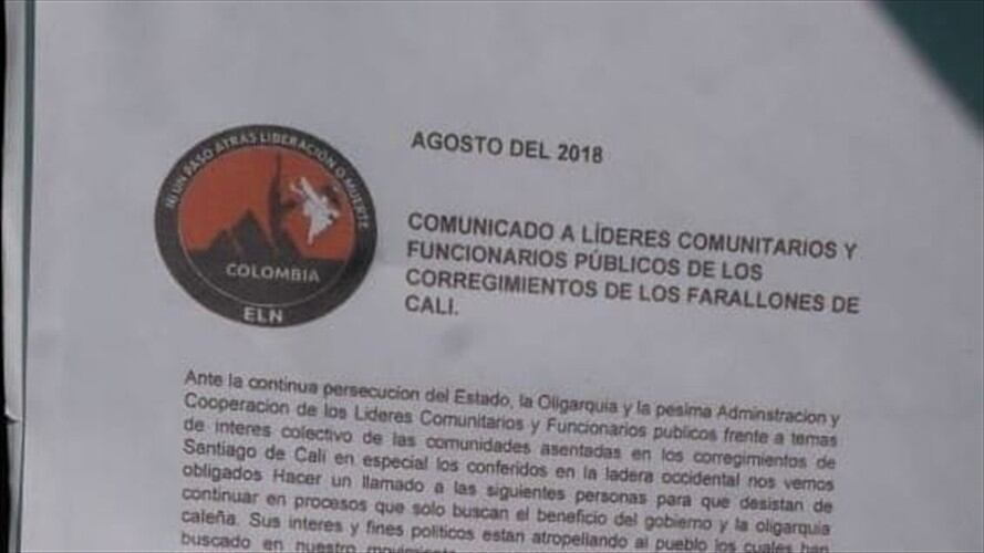 Investigan autenticidad de panfleto amenazante contra líderes de los Farallones de Cali. Foto: W Radio