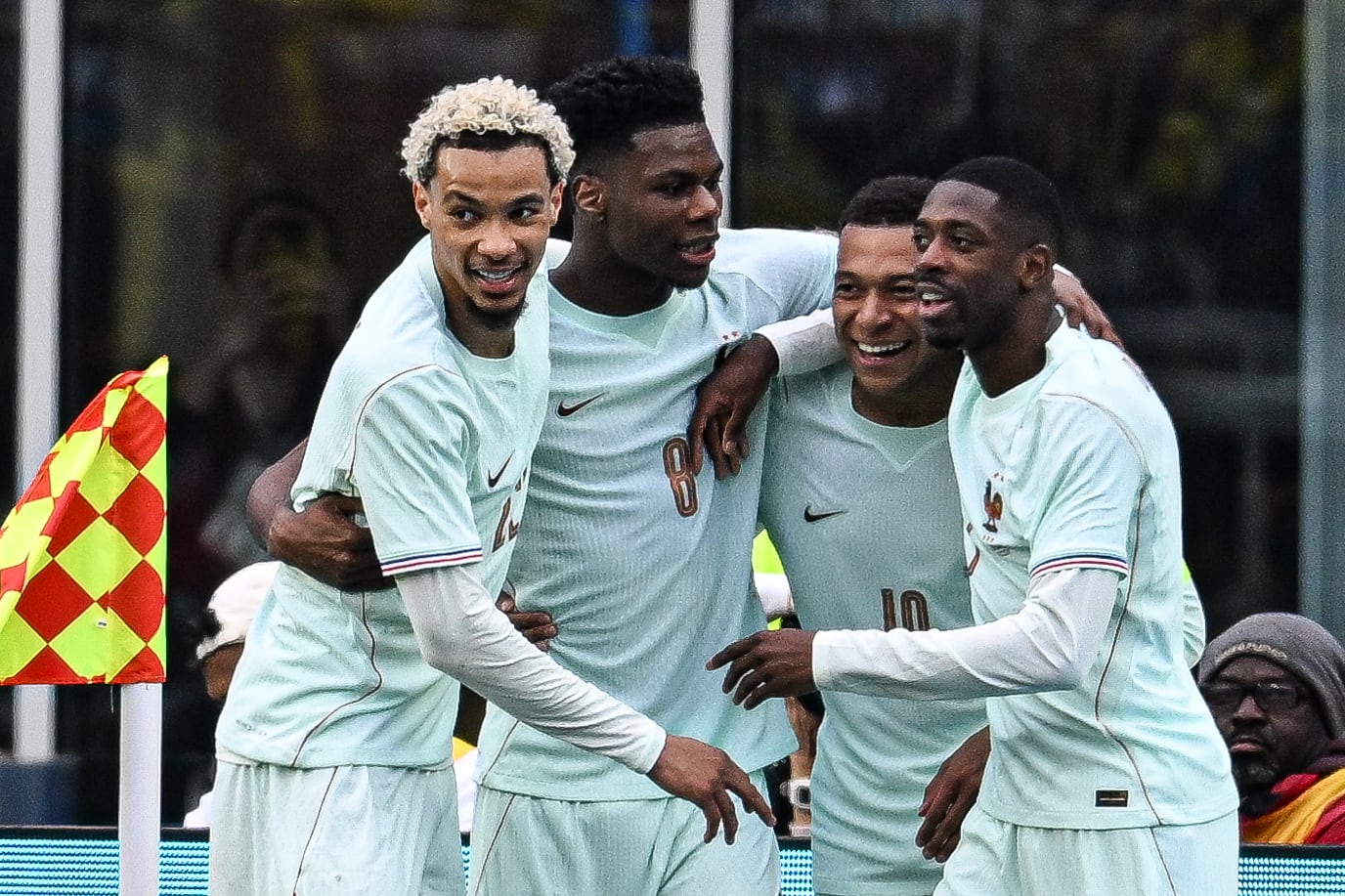 FOXBOROUGH, MASSACHUSETTS - MARCH 26: Kylian Mbappe #10 of France celebrates a goal with Ousmane Dembele #7, Hugo Ekitike #22, and Aurelien Tchouameni #8 of France during the game between France and Brazil at Gillette Stadium on March 26, 2026 in Foxborough, Massachusetts. (Photo by Stephen Nadler/ISI Photos/ISI Photos via Getty Images)