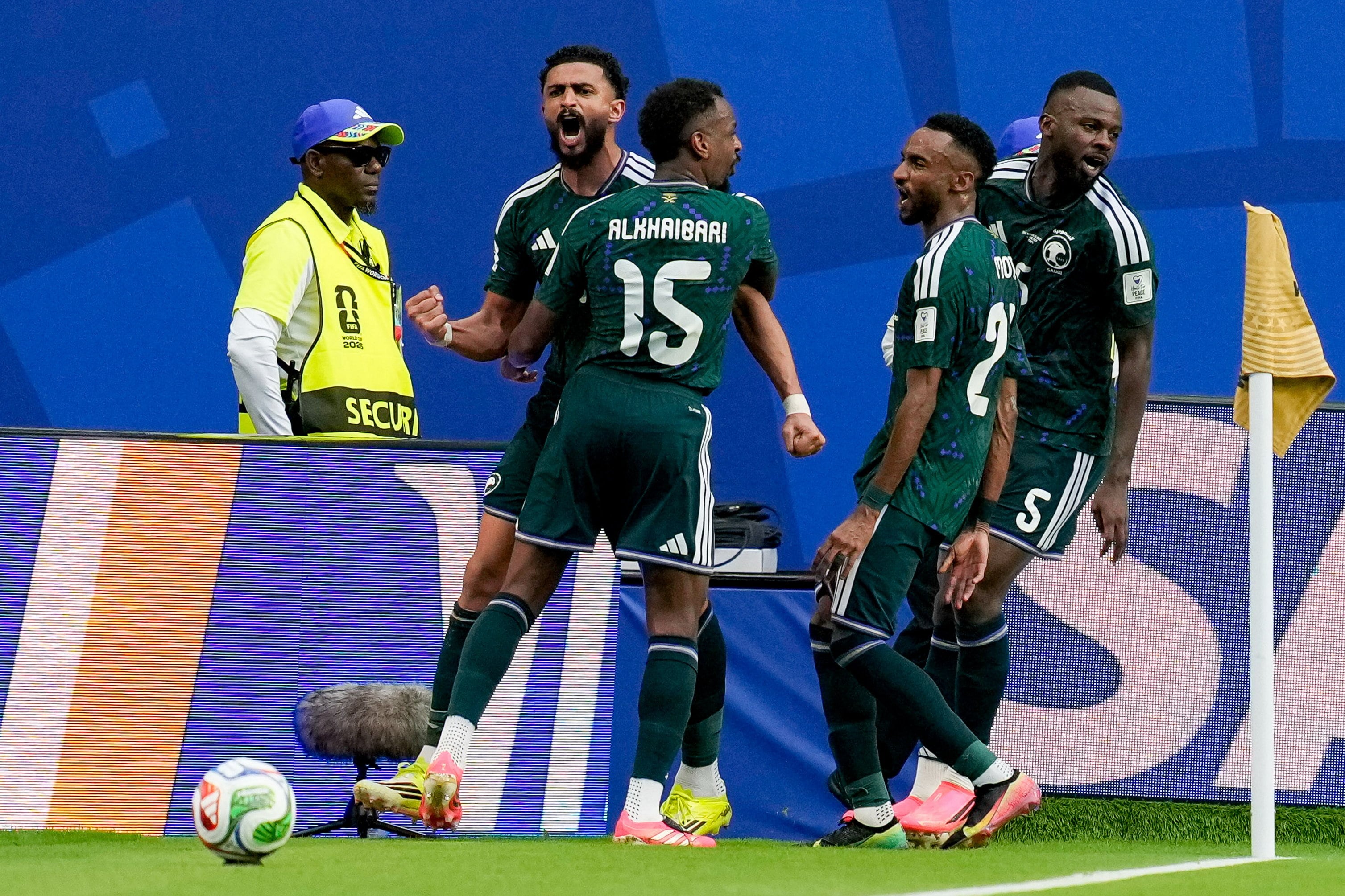 Miami, United States - June 15: Abdulelah Alamri of Saudi Arabia celebrates after scoring his team's first goal with teammates during the FIFA World Cup 2026 Group H match between Saudi Arabia and Uruguay at Miami Stadium on June 15, 2026 in Miami, United States. (Photo by Alex Gottschalk/DeFodi Images/DeFodi via Getty Images)
