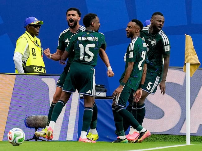 Miami, United States - June 15: Abdulelah Alamri of Saudi Arabia celebrates after scoring his team's first goal with teammates during the FIFA World Cup 2026 Group H match between Saudi Arabia and Uruguay at Miami Stadium on June 15, 2026 in Miami, United States. (Photo by Alex Gottschalk/DeFodi Images/DeFodi via Getty Images)