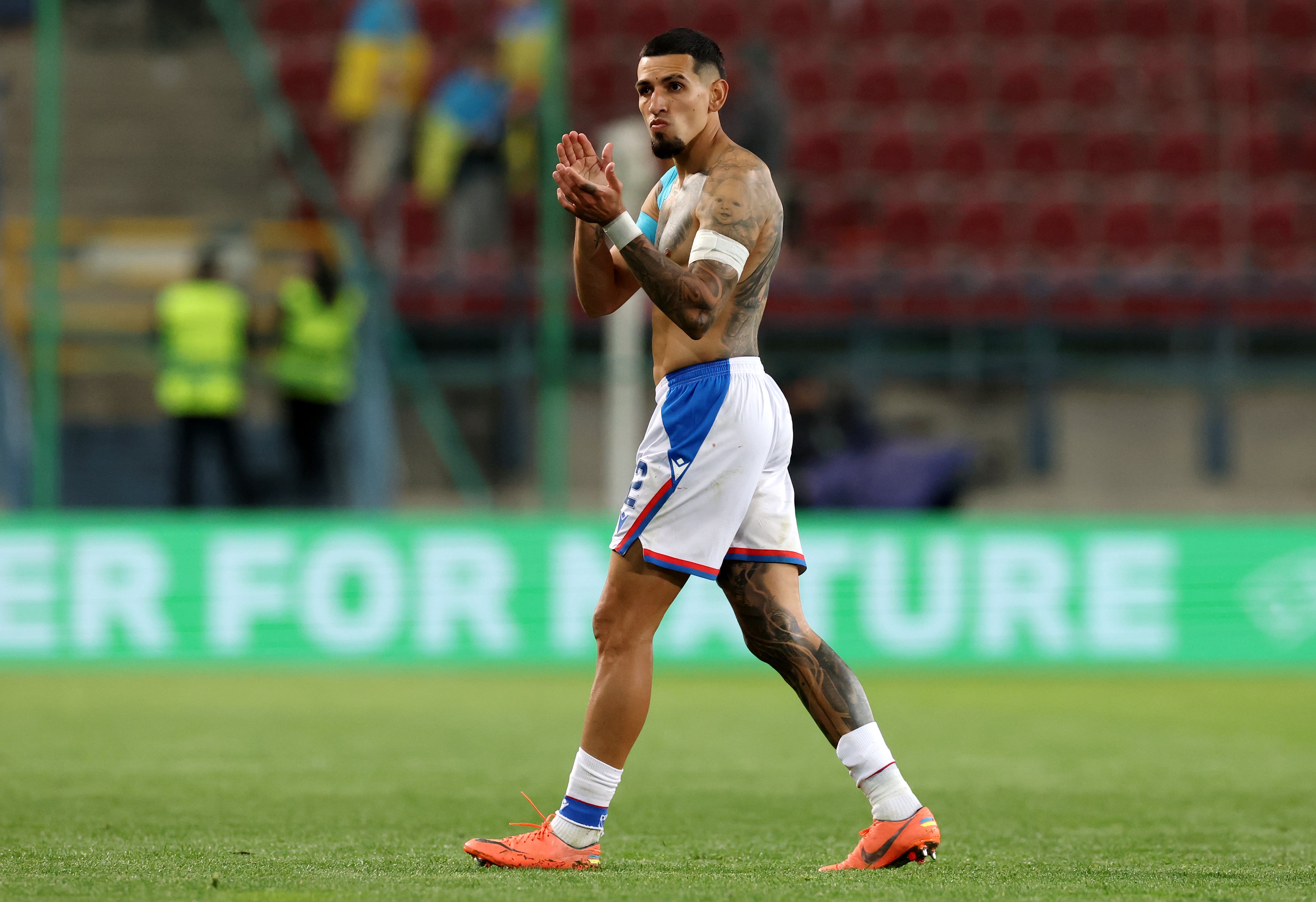 KRAKOW, POLAND - APRIL 30: Daniel Munoz of Crystal Palace applauds the fans following victory in the UEFA Europa Conference League match between FC Shakhtar Donetsk and Crystal Palace FC at Henryk Reyman's Municipal Stadium on April 30, 2026 in Krakow, Poland. (Photo by Claudio Villa/Getty Images)