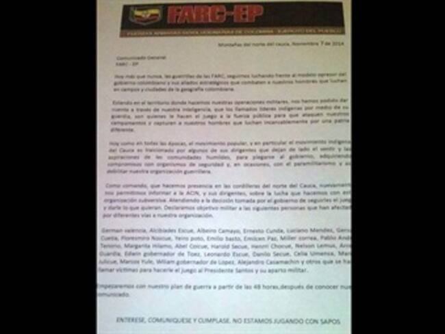 Supuesto panfleto de las Farc prende alarmas entre indígenas del Cauca