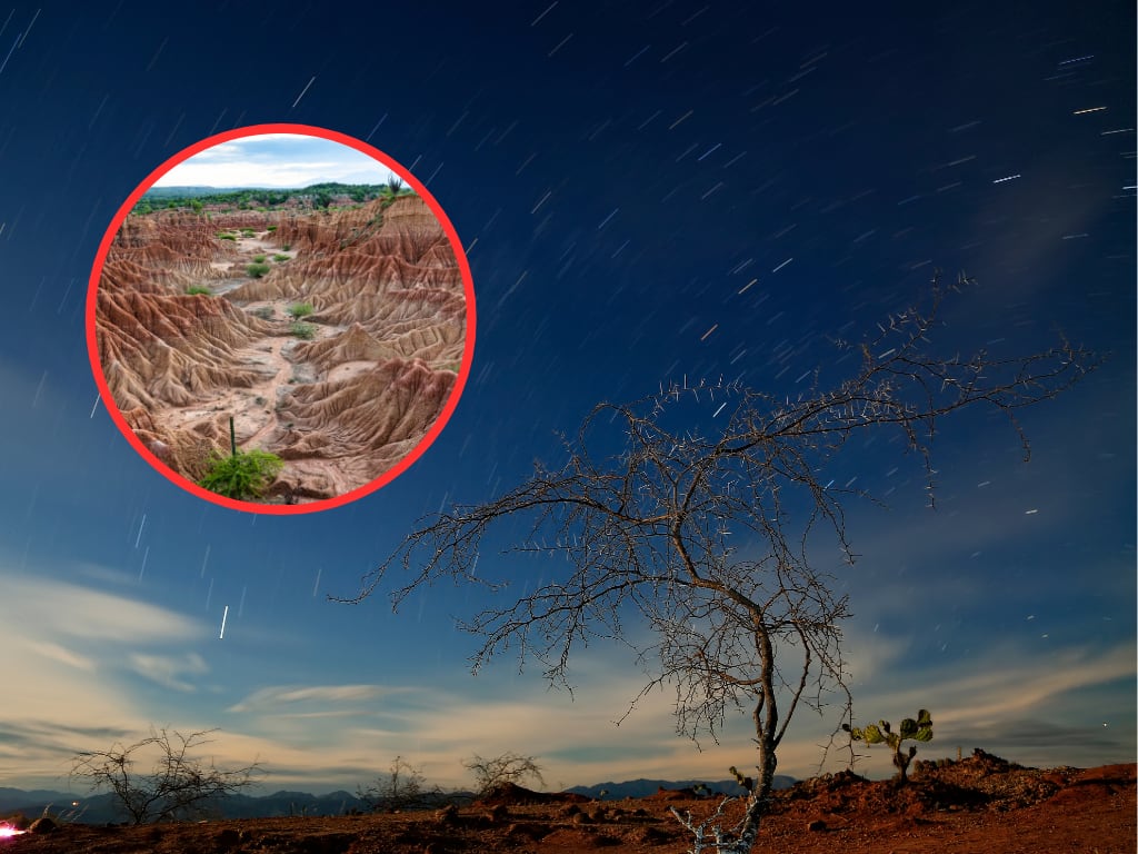 Desierto de la Tatacoa durante una observación astronómica nocturna y de fondo las formaciones rocosas de este bosque seco tropical (Fotos vía Getty Images)