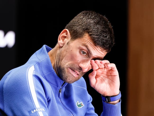 Melbourne (Australia), 26/01/2024.- Novak Djokovic of Serbia reacts during a press conference after losing the Men&#039;s semi final match against Jannik Sinner of Italy at the Australian Open tennis tournament in Melbourne, Australia, 26 January 2024. (Tenis, Italia) EFE/EPA/MAST IRHAM