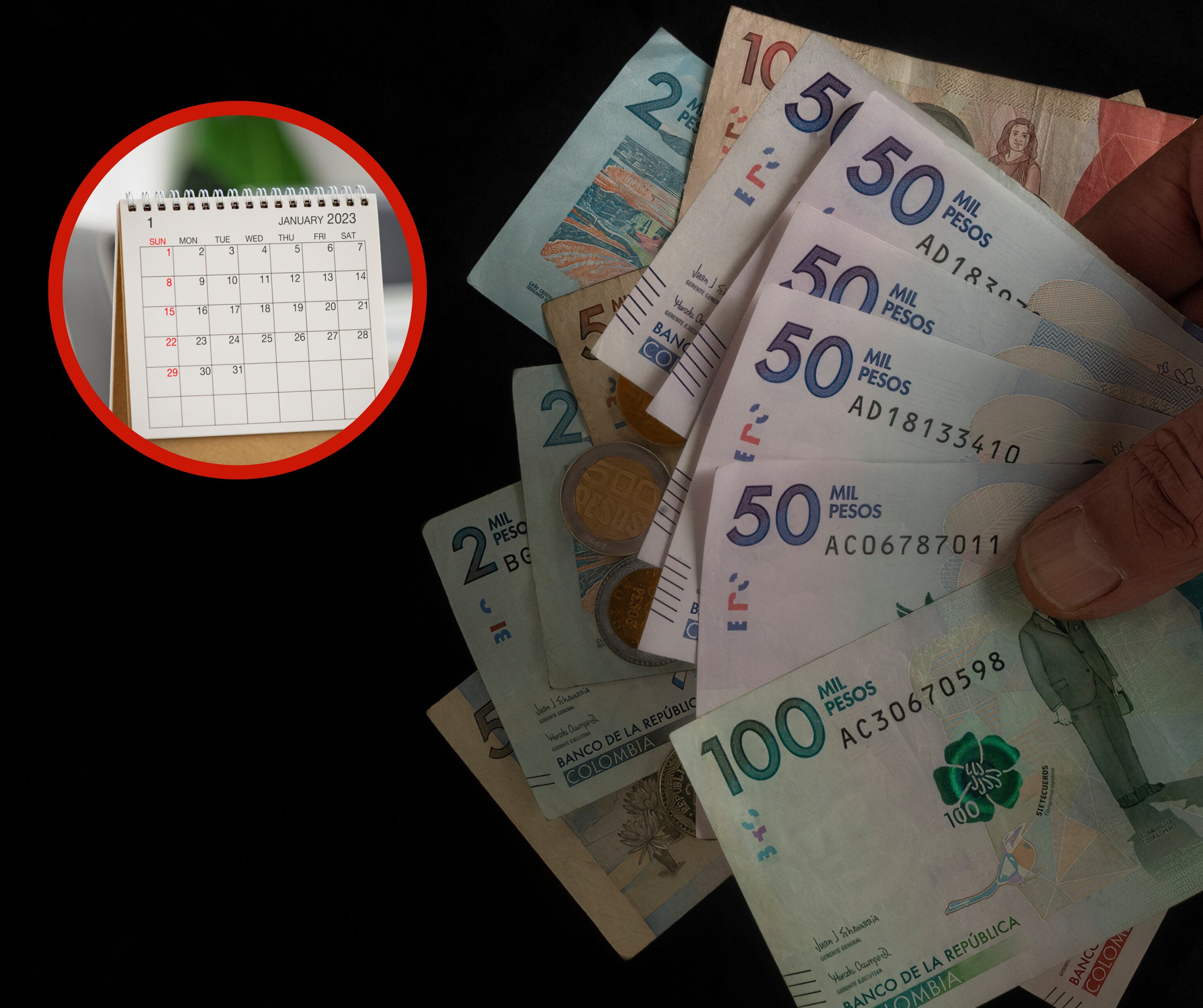 Fajo de billetes colombianos junto a un calendario (Foto vía Getty Images)