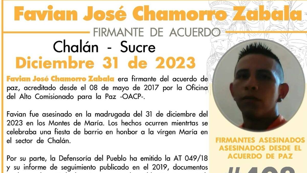 Indepaz denunció el asesinato de un firmante del acuerdo de paz en Chalán, Sucre
