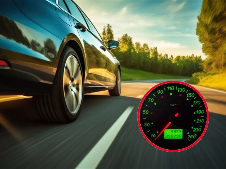 Carro transitando por carretera y velocímetro con marca de kilometraje (Getty Images)
