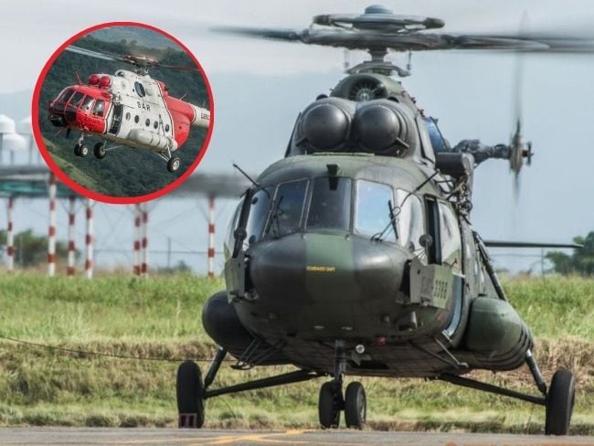 En la foto: de fondo un helicóptero Mi-17 y en el círculo el emblemático de la operación Jaque.