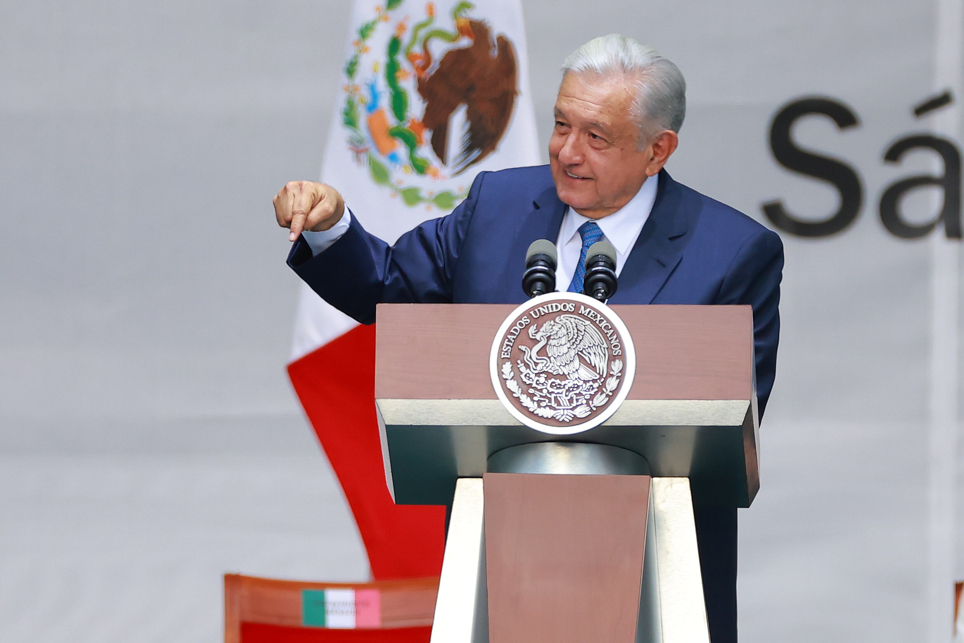 MEXICO CITY, MEXICO - JULY 01: President of Mexico Andres Manuel Lopez Obrador speaks during the 5th year celebration of the victory in the 2018 presidential election at Zocalo on July 01, 2023 in Mexico City, Mexico. (Photo by Hector Vivas/Getty Images)
