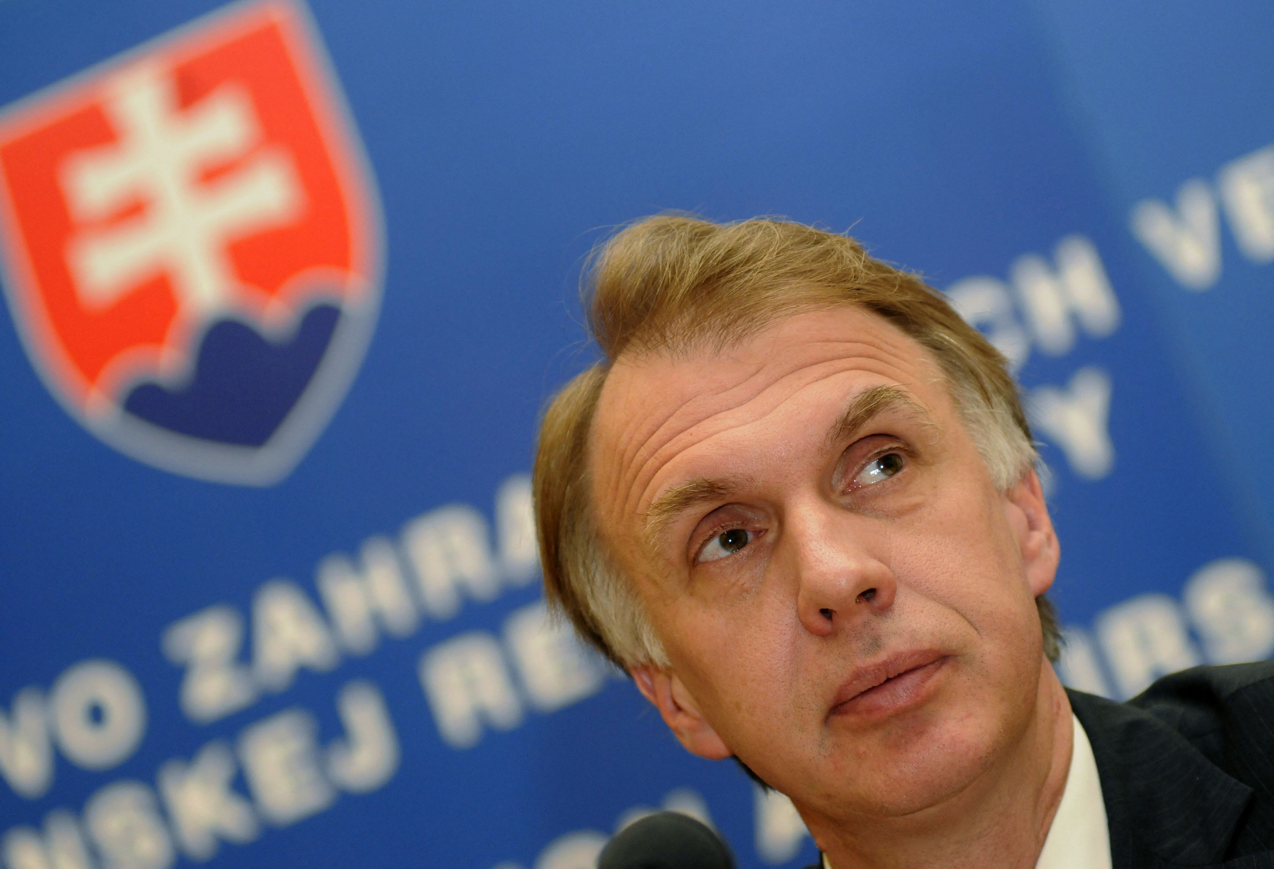 Ukrainan Foreign Minister Volodymyr Ohryzko listens during a press conference after a meeting with his unseen Slovakian counterpart Jan Kubis on May 30, 2008 in Bratislava after their meeting in Bratislava.  Ohryzko is on an official visit to Slovakia. AFP PHOTO / SAMUEL KUBANI (Photo by SAMUEL KUBANI / AFP) (Photo by SAMUEL KUBANI/AFP via Getty Images)
