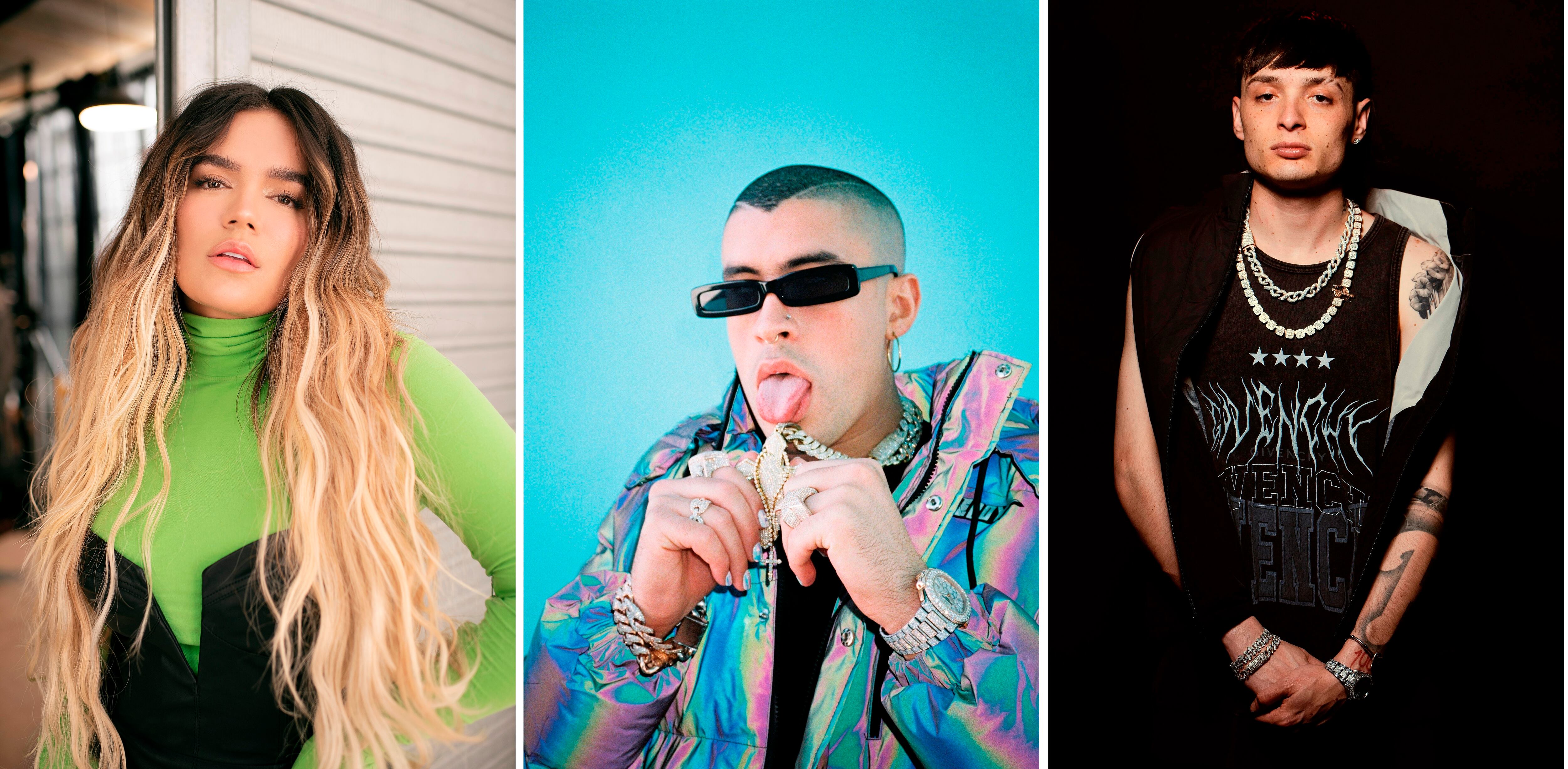 USA6908. MIAMI (FL, EEUU), 12/09/2024.- Composición de tres fotografías cedidas por Telemundo donde aparece la cantante colombiana Karol G, el puertorriqueño Bad Bunny (c) y el mexicano Peso Pluma que lideran las nominaciones a los Latin Billboard. La colombiana Karol G encabezó con 17 menciones la lista de los nominados a los premios Latin Billboard, que se entregan el próximo 20 de octubre en Miami, seguida del puertorriqueño Bad Bunny y el mexicano Peso Pluma, con 15 cada uno. EFE/Telemundo /SOLO USO EDITORIAL /NO VENTAS /SOLO DISPONIBLE PARA ILUSTRAR LA NOTICIA QUE ACOMPAÑA /CRÉDITO OBLIGATORIO