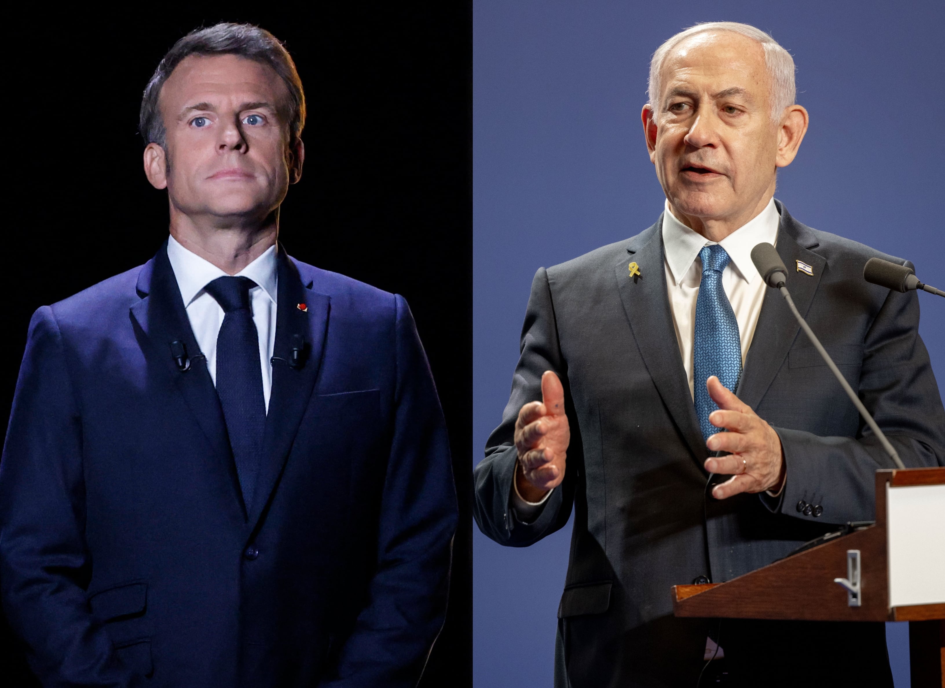 Presidente francés, Emmanuel Macron. FOTO: LUDOVIC MARIN/AFP via Getty Images.// Primer ministro de Israel, Benjamín Netanyahu. FOTO: Janos Kummer/Getty Images