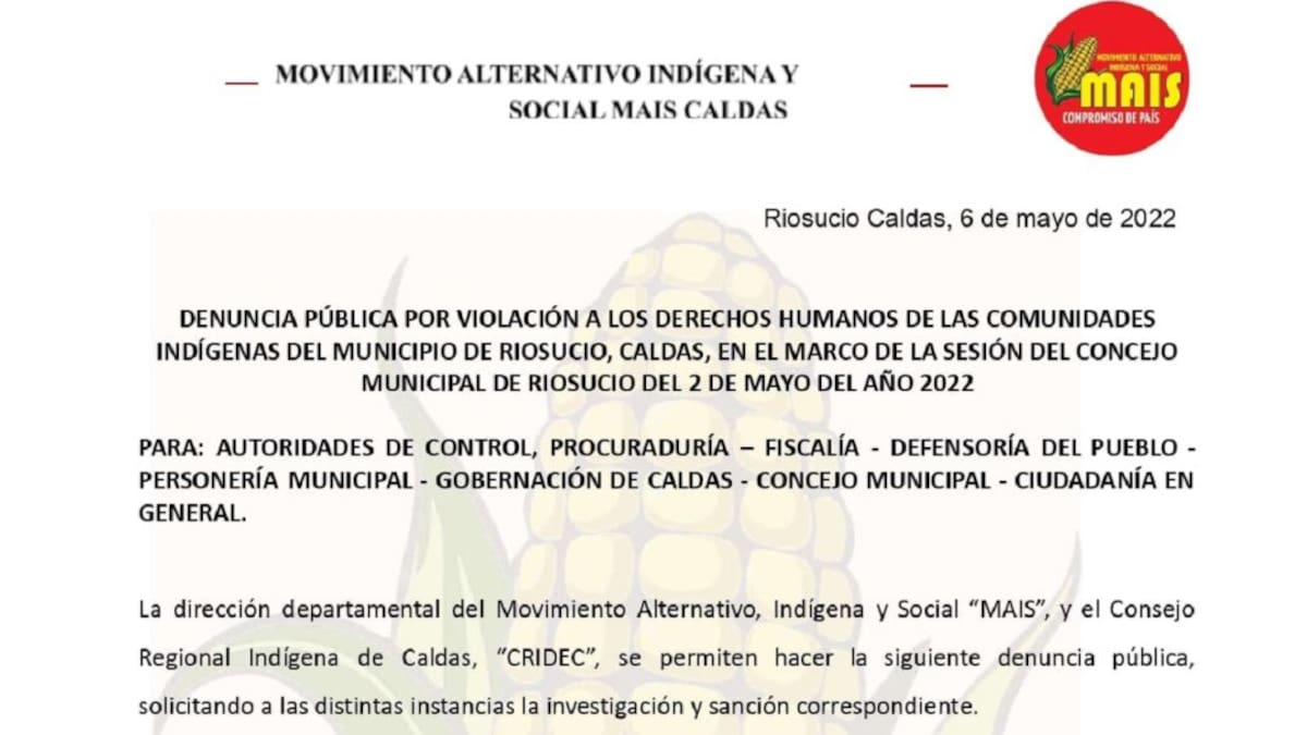 Autoridades indígenas de Caldas denuncian amenazas en su contra