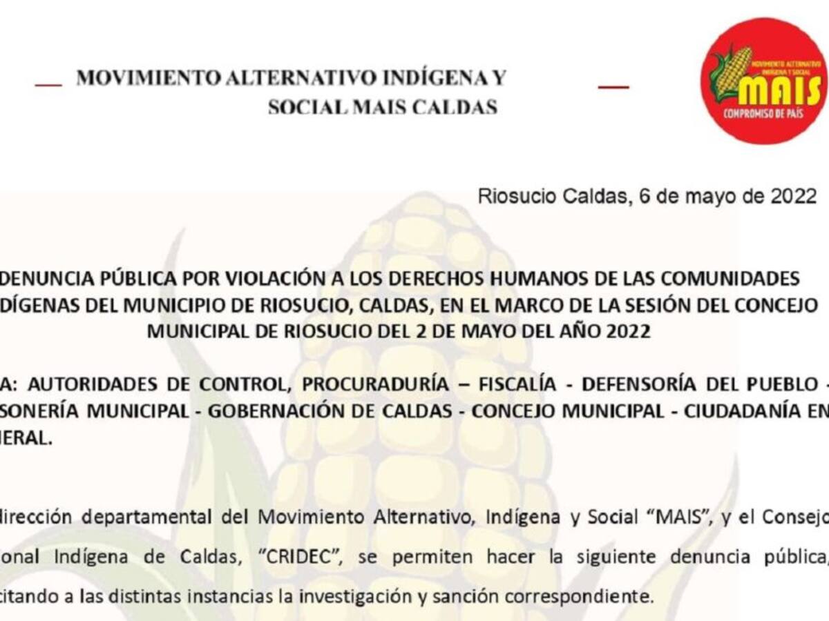 Autoridades indígenas de Caldas denuncian amenazas en su contra
