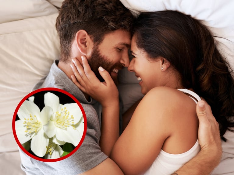 Pareja en una cama // Foto de una planta de jazmín // Getty Images
