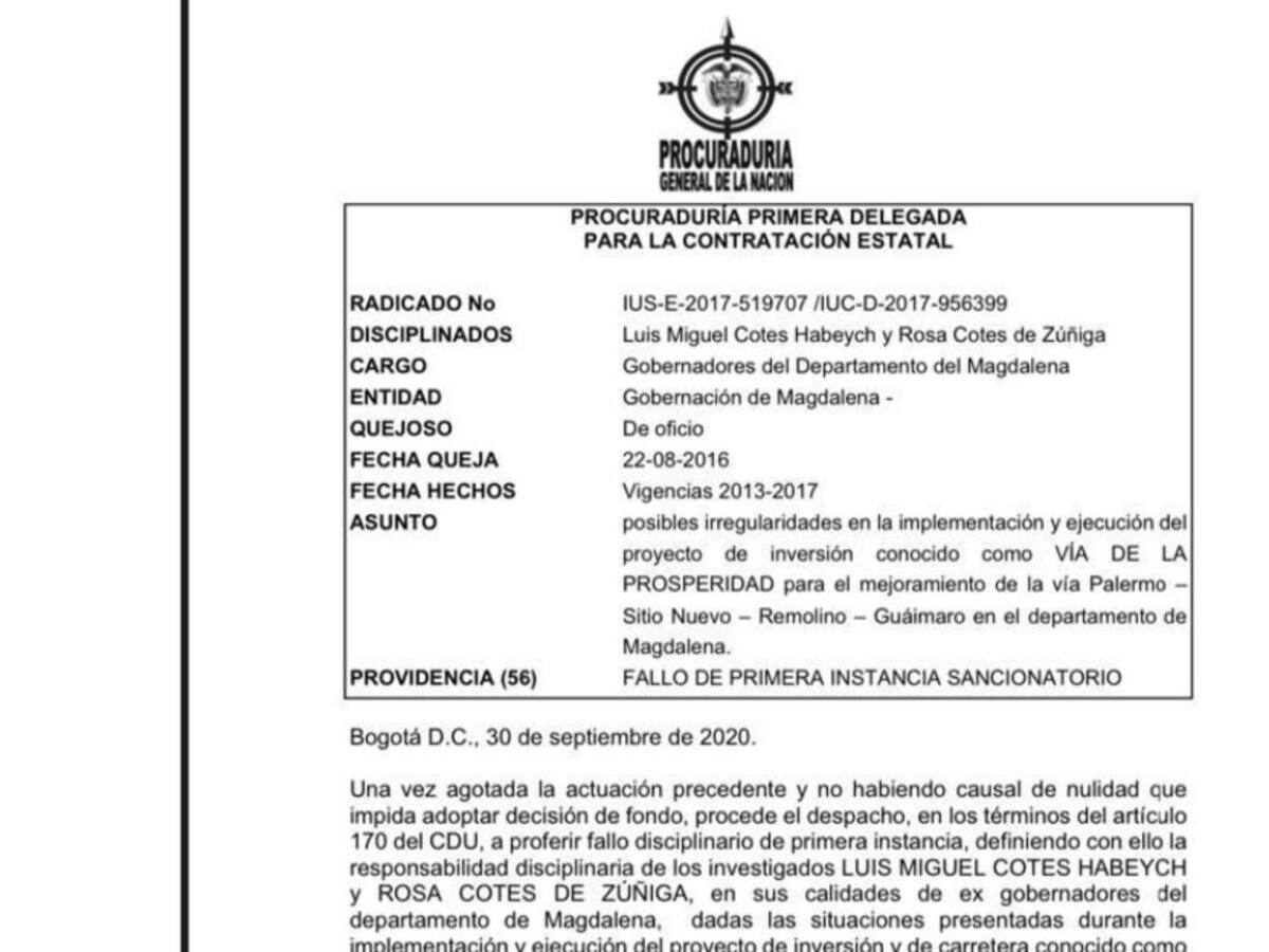 Sancionan a exgobernadores del Magdalena por la Vía de la Prosperidad