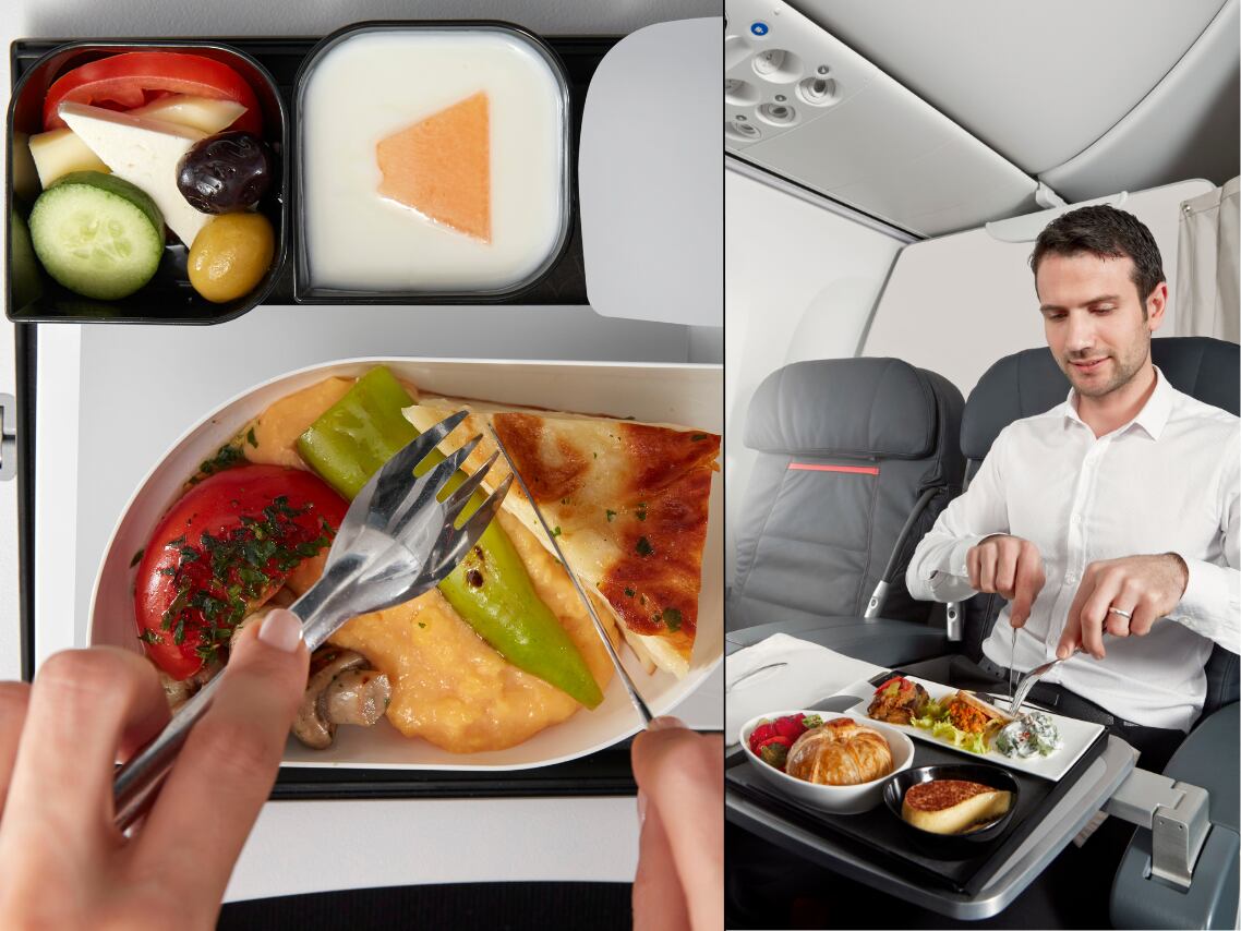 Hombre comiendo en avión