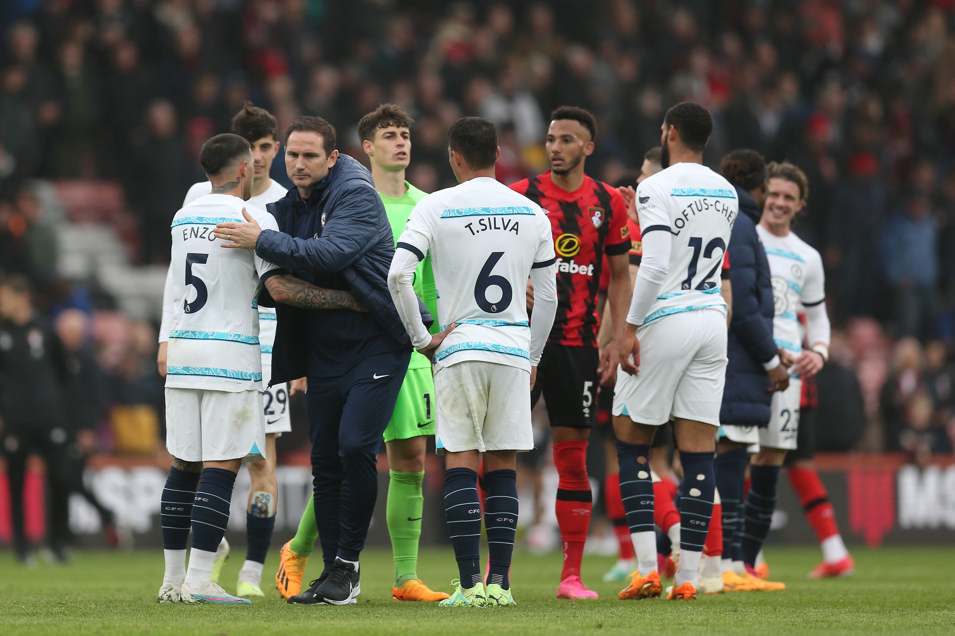 BOURNEMOUTH, ENGLAND - MAY 06: Frank Lampard, Caretaker Manager of Chelsea, interacts with Enzo Fernandez of Chelsea after the Premier League match between AFC Bournemouth and Chelsea FC at Vitality Stadium on May 06, 2023 in Bournemouth, England. (Photo by Steve Bardens/Getty Images)